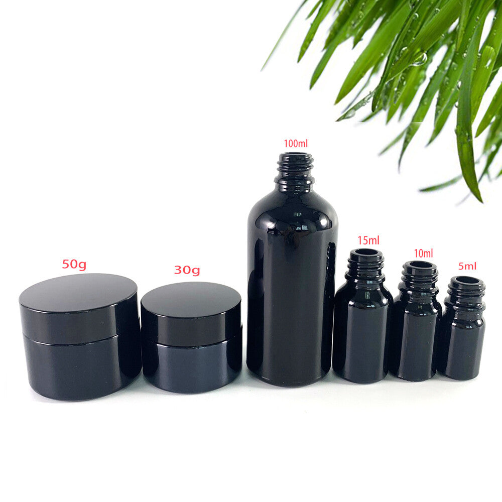 Bottles Black Glass bottles only 100% UV Protection MOQ 3000, Black Glass bottles 100% UV Protection MOQ 3000 High quality manufactured U.V. solid black glass for less. Perfect for preserving cosmetic face serums and other skincare ingredients for longer shelf life.  Researched on UV glass containers suggest a clear benefit using U.V Black Glass for consistent ingredient/formula potency