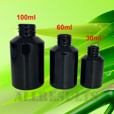 Bottle Round Shoulder Style Solid Black U.V. Black Glass bottles 100% UV Protection MOQ 3000 High quality manufactured U.V. solid black glass for less. Perfect for preserving cosmetic face serums and other skincare ingredients for longer shelf life.  Researched on UV glass containers suggest a clear benefit using U.V Black Glass for consistent ingredient/formula potency